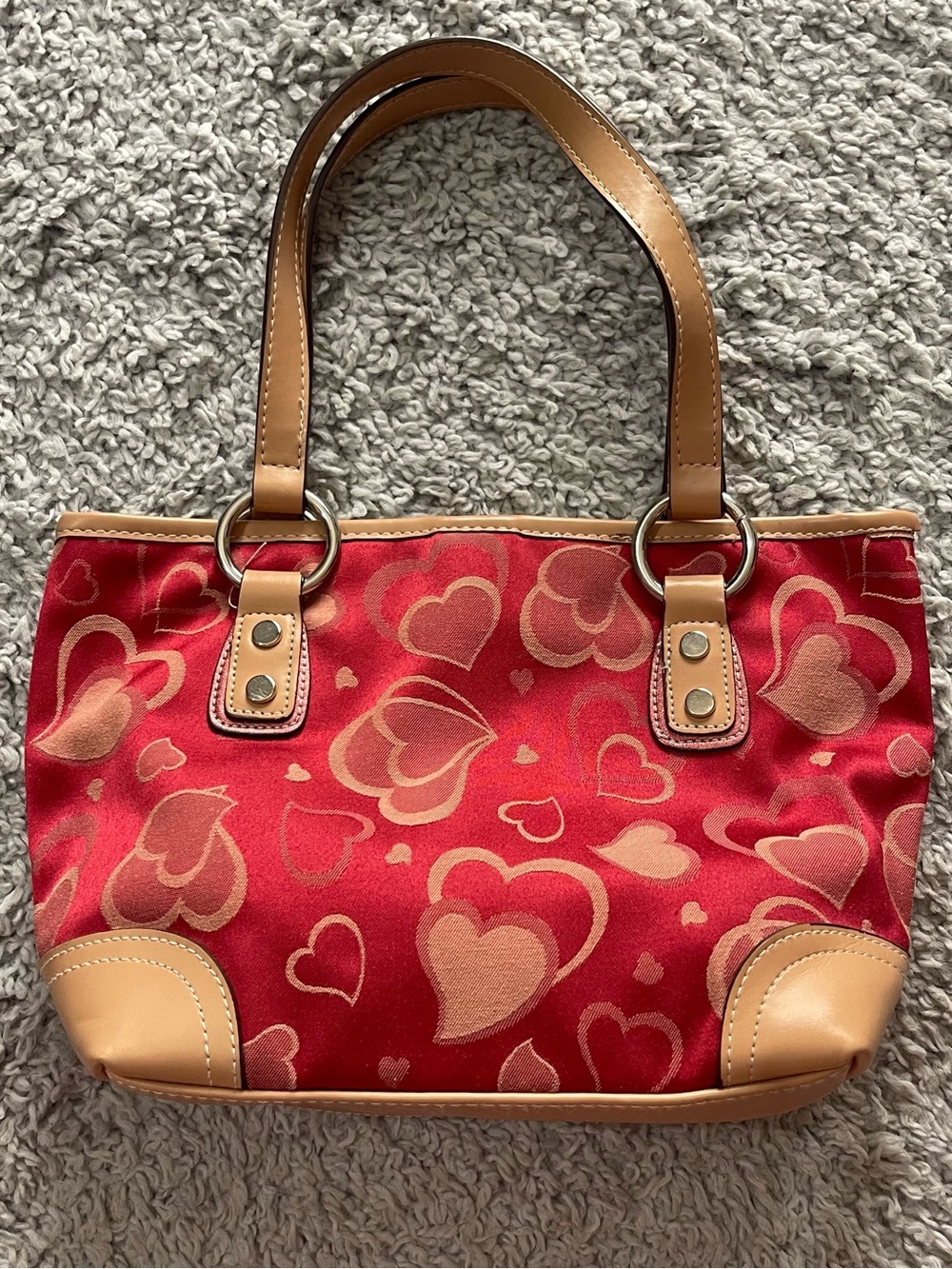 Red Heart Print Handbag With Tan Faux Leather